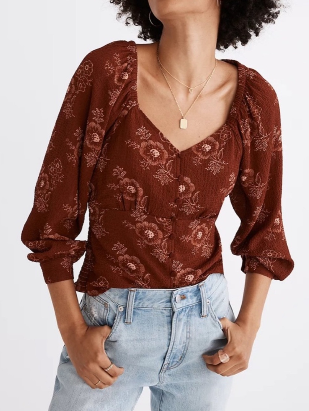 BOGO! NWT Madewell Preston Puff Sleeve Floral Blouse Rust Size Medium